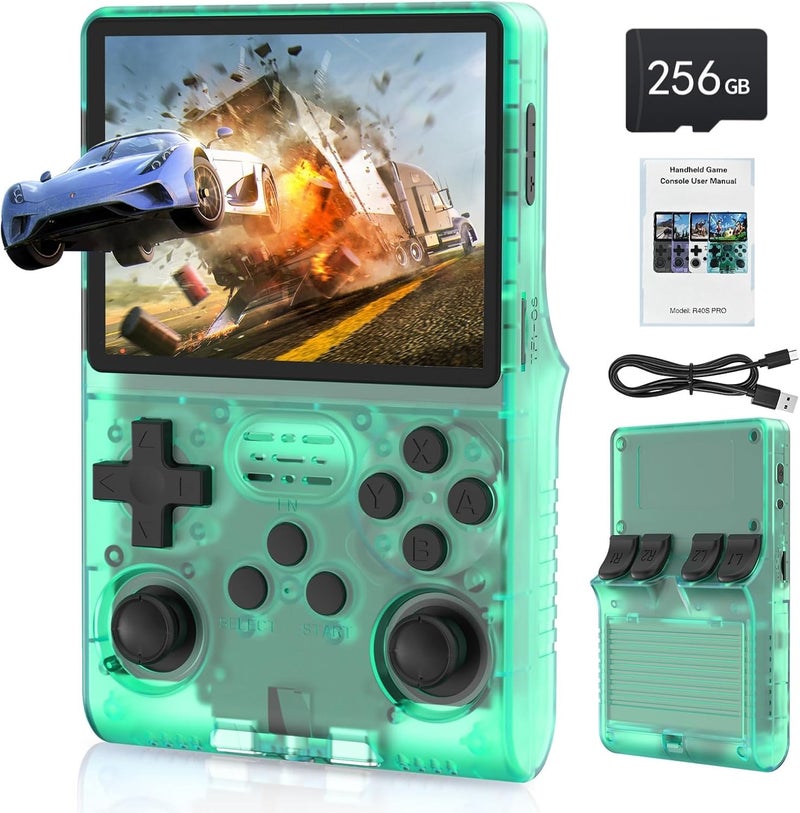FVBADE [30000 in 1] R40S PRO Handheld Game Console 3.5 inch IPS Screen Mini Retro Console 3800mAh Portable Pocket Arcade 45+ Mainstream Emulator 256G TF Card Transparent.(Green) - Image 1
